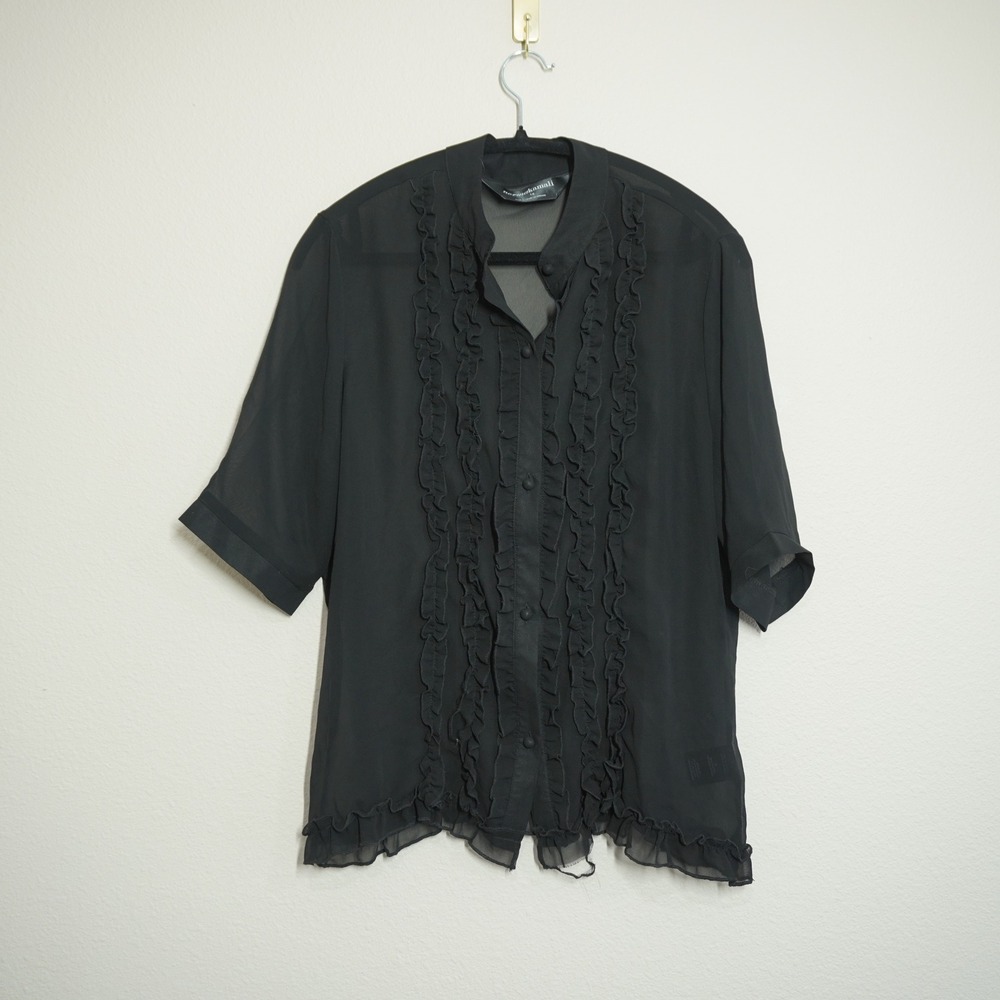 Norma Kamali Black Size Large Sheer Shirt Ruffle Chiffon Button Front Blouse Top
